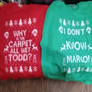 Red and Green Holiday Sweatshirts with Winter Motifs